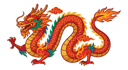 Fototapeta premium Vibrant illustration of a magnificent oriental dragon, a powerful cultural symbol with intricate scales, fiery details, and traditional clouds, embodying strength, wisdom, and good fortune