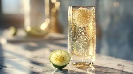 Frosted glass filled with sparkling tropical fizz, light catching effervescent streams. A single starfruit slice sits cleanly beside base.