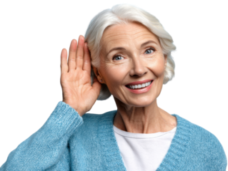 Eager to Listen: A captivating portrait of a senior woman with gentle smile cups her ear, signifying a keen interest in listening and understanding.