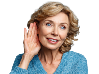 Listening intently: A middle-aged woman, her hand cupped near her ear, portrays attentive listening, embodying a gesture of active engagement and communication.