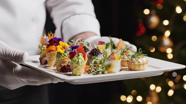 Waiter Offering Floral Canap Tray With Assorted BiteSized Hors DOeuvres And Berries, White Gloves And Jacket Visible, Warm Bokeh Lights And Decorated Tree In Background, Elegant Catering.