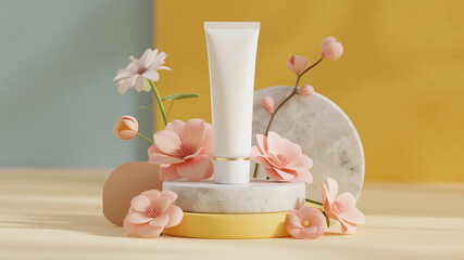 White cosmetic tube mockup on podium with pastel flowers on yellow background, summer skincare product