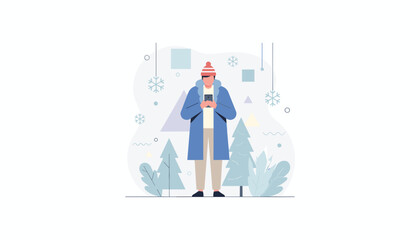 Obraz premium Man using a smartphone in a cold winter landscape with stylized snow trees and warm coat