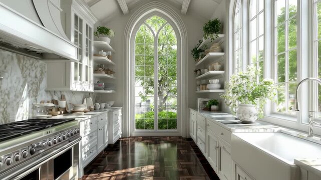 Elegant white kitchen with gothic arch window and abundant natural light, 4k video