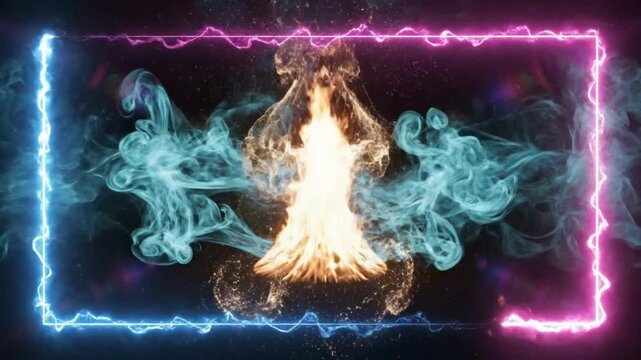 Abstract fiery energy frame opening with blue and purple lightning border for creative presentations