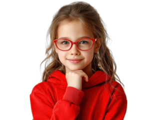 Charming Girl in Glasses: A captivating young girl wearing stylish red glasses smiles radiantly, her warm expression and innocent gaze reflect pure joy.
