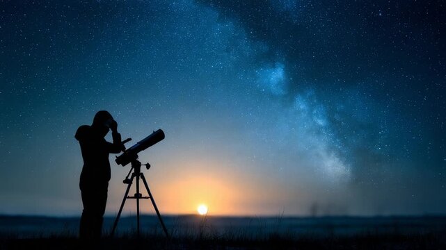 An amateur astronomer explores the universe through a telescope under a breathtaking Milky Way. The tranquil night scene captures the beauty and curiosity of stargazing outdoors