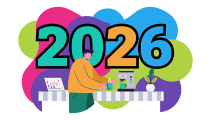 2026 business success concept Man preparing coffee near a laptop with a growth graph