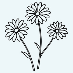 minimalist black line art illustration of three blooming daisies on a light blue background.