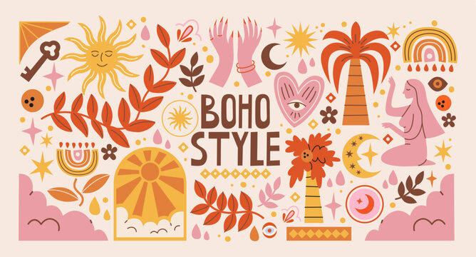 Boho mystical stickers in retro cartoon style. Nature, sun, moon, stars; objects: hands, window, palm. Calm boho composition with warm decorative details and soft dreamy aesthetic expressive visuals