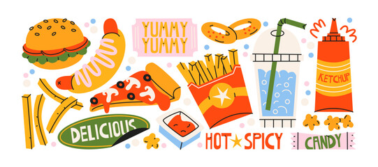 Plakat Fast food stickers set. Cartoon pizza, fries, ketchup, burgers, and other tasty snacks. Doodle and vibrant illustrations for street food and takeaway concepts.