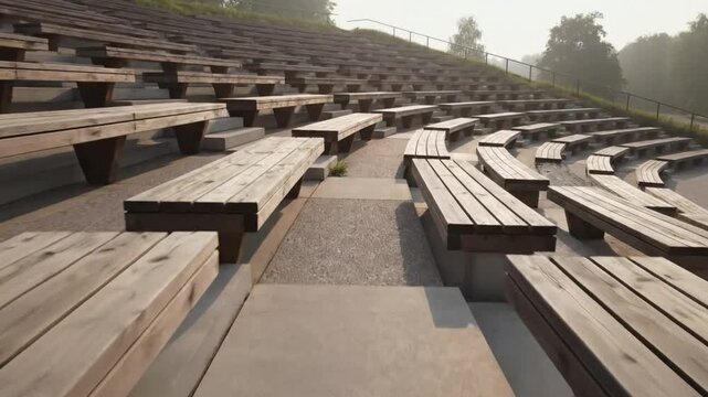 Empty outdoor wooden amphitheater seating arrangement on a misty morning with sunlight