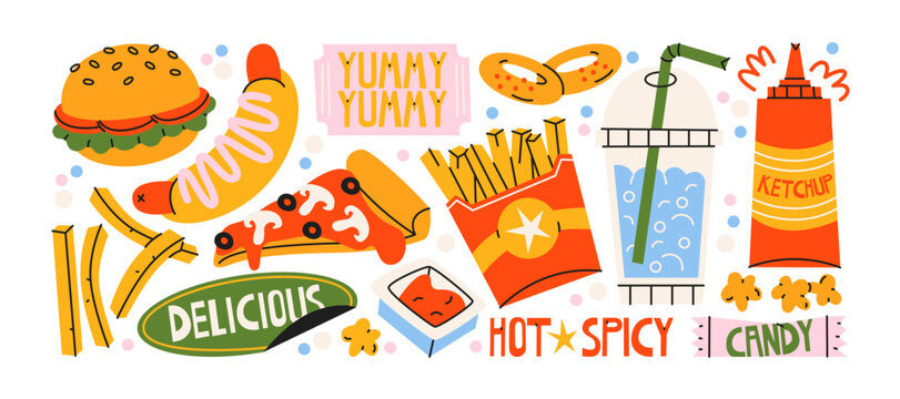 Fast food stickers set. Cartoon pizza, fries, ketchup, burgers, and other tasty snacks. Doodle and vibrant illustrations for street food and takeaway concepts.