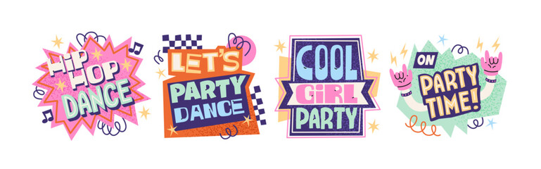 Obraz premium Party text shapes in retro cartoon style. Lettering: dance, party, girl, stars, ribbons, music. Bright celebration captions with fun expressive look for energetic party visuals and bold stickers vibe
