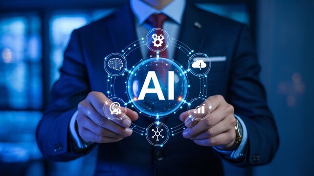 Businessman in suit interacting with artificial intelligence interface with various icons and symbols in a futuristic office setting with blue lighting - Powered by Adobe