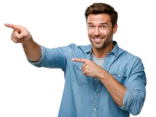 Smiling Man Pointing: A cheerful, handsome man joyfully points in two directions, emanating enthusiasm and charisma. A perfect visual for direction, options, or positive messaging.