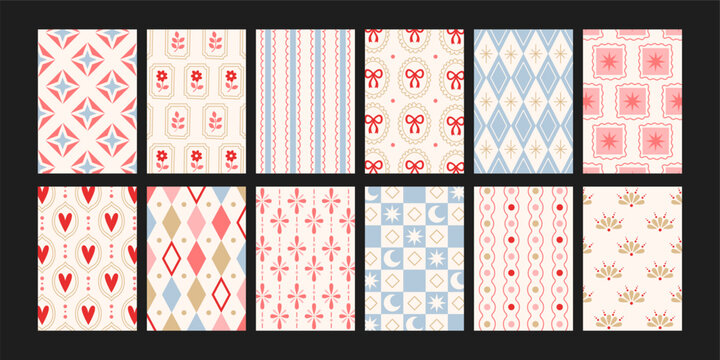 Seamless pattern collection in retro cartoon style. Includes hearts, stars, bows, diamonds, stripes and floral motifs. Soft geometric set designed for textiles, wrapping paper, stationery and creative