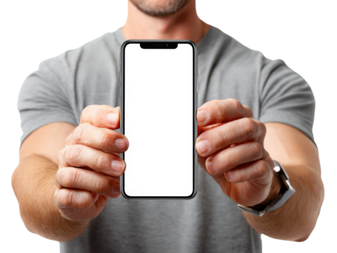 Holding phone: a close-up shot of a man holding a sleek modern smartphone with a blank screen, suggesting an interactive interface. - Powered by Adobe
