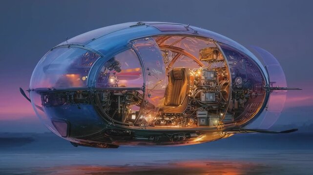 The image depicts a futuristic, transparent pod-like vehicle floating in the sky. The vehicle is illuminated with internal lights and appears to have a cockpit with a complex control panel.
