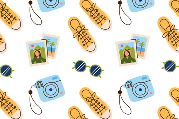 Flat cartoon vector illustration of youth pattern with compact camera, instant photo, sunglasses and sneakers, stylish modern vibe, casual lifestyle theme, seamless design for fashion prints