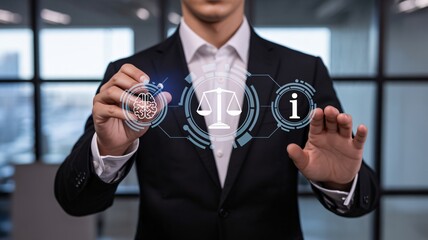 Businessman in suit interacting with virtual law and information icons, symbolizing legal technology and data analysis in modern office