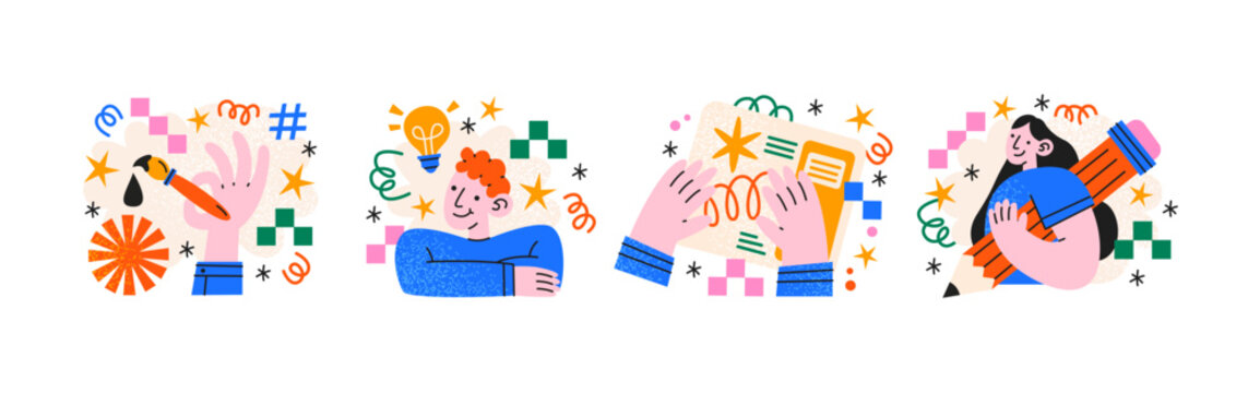 Creative people teamwork illustration set in retro cartoon style. Designers, pencils, brushes, hands and light bulbs symbolizing art process, imagination collaboration in creative workspace concept