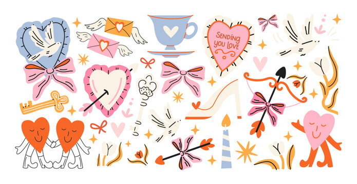 Vintage romantic stickers in retro cartoon style. Elegance ribbons, candles, keys and letters with ballet and love motifs, gentle nostalgic mood and tender feminine atmosphere.