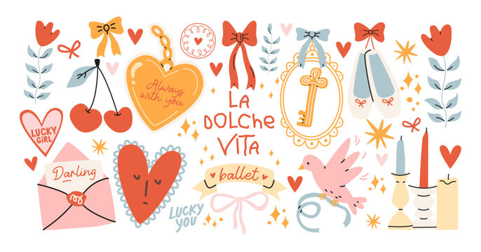 Vintage romantic stickers in retro cartoon style. Elegance ribbons, candles, keys and letters with ballet and love motifs, gentle nostalgic mood and tender feminine atmosphere.