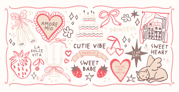 Vintage romantic stickers in retro cartoon style. Elegance ribbons, candles, keys and letters with ballet and love motifs, gentle nostalgic mood and tender feminine atmosphere.