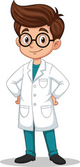 Fototapeta premium Confident young scientist in lab coat with glasses, cartoon character vector for education, healthcare, science poster and promotional design