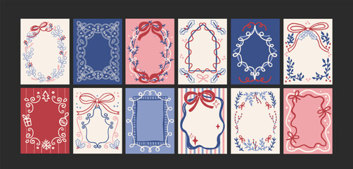 Obraz premium Winter holiday frame cards retro cartoon style. Snowflake borders, ribbon ornaments, christmas labels, festive bow frames and seasonal greeting templates, cozy winter postcard layouts
