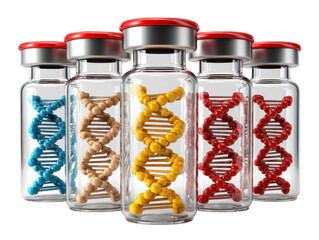 Genetic Code in a Vial: A captivating display of glass vials each holding a vibrant, spiraling double helix, symbolizing the core of life's blueprints.
