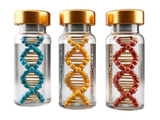 Genetic Code in Vials: An illustrative view of vibrant genetic code structures nestled within transparent vials, each a symbol of scientific exploration.