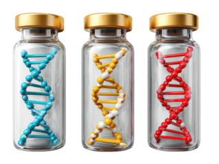 DNA Sample: An insightful display of three vials, each encapsulating a vibrant DNA strand model, signifying groundbreaking scientific research and the essence of genetics.