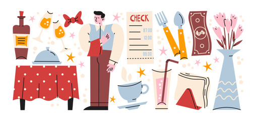 Restaurant service sticker set in retro cartoon style. Waiter character, table setup, bill, dishes, drinks and dessert icons for cafe menus, hospitality visuals and food service © Limpreom