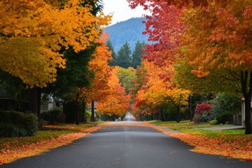 A picturesque autumn street lined with vibrant trees, their leaves a mix of fiery reds, warm oranges, and soft yellows, creating a stunning backdrop for the serene setting.