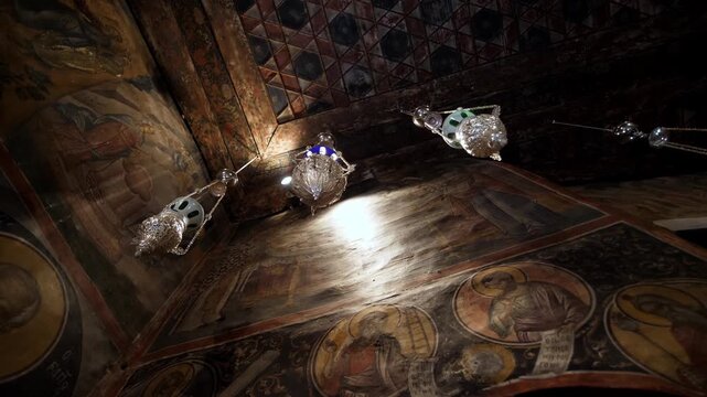 Masterpieces of Byzantine hagiography: detailed frescoes inside a Meteora monastery.