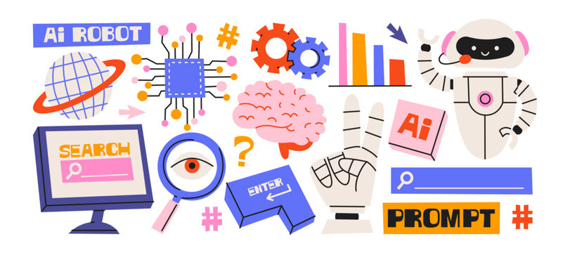 AI technology sticker set in retro cartoon style. Robot mascot, brain icon, microchip, search screen and interface symbols for digital tools, neural network visuals and creative tech illustration