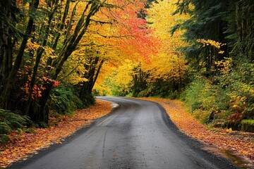 A winding road through a vibrant forest, with trees adorned in hues of orange, yellow, and green, creating a picturesque scene.