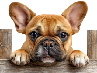 Curious Pup: A charming French Bulldog peers over a wooden fence, its expressive eyes filled with curiosity, offering a delightful and engaging view.