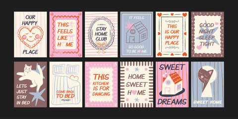 Naklejka premium Cartoon good night posters. Cozy pajamas, bed, pillows, moon, bedtime. Trendy night illustrations in doodle retro style. Banners for wall and gift cards