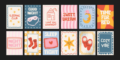 Cartoon good night posters. Cozy pajamas, bed, pillows, moon, bedtime. Trendy night illustrations in doodle retro style. Banners for wall and gift cards