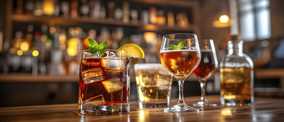 Different alcohol drinks on a&nbsp;table&nbsp;in a&nbsp;bar.