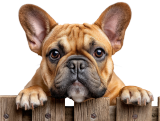 Curious Canine: A charming French bulldog peeks over a weathered wooden fence, its expressive eyes and endearing face capture the essence of playful curiosity and endearing personality.