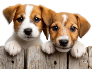 Puppies Peeking Over the Fence: Two adorable puppies with their expressive eyes peek curiously over a rustic wooden fence, their playful and innocent faces capturing the hearts of all who see them.