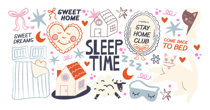 Bedtime and sleep stickers in retro style. Pajamas, pillows, nightcap, mask, sheep, moon, stars and clouds. Cozy collection of night routine, good dreams and relaxation for bedroom design