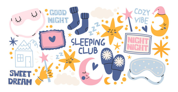 Bedtime and sleep stickers in retro style. Pajamas, pillows, nightcap, mask, sheep, moon, stars and clouds. Cozy collection of night routine, good dreams and relaxation for bedroom design