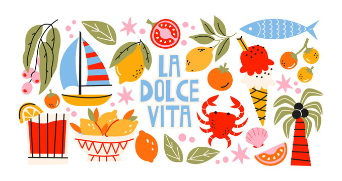 Italian food and culture stickers set in retro cartoon style.La dolce vita elements: pizza, pasta, wine, tomato. Illustration in funky, doodle style, trendy Amalfi coast labels set.