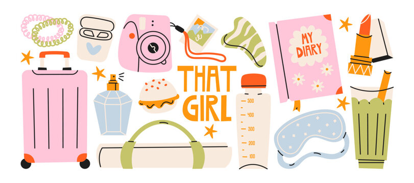 That girl aesthetic sticker set in retro cartoon style. Trendy feminine lifestyle objects - suitcase, smoothie, diary, skincare, lipstick, headphones and gym accessories for daily routine