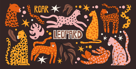Leopard animals in retro cartoon style. Wild cats, spotted leopards, jungle animals, stars, tropical leaves, roaring predator shapes. Safari feline graphics, exotic animal stickers, doodle wildlife © Limpreom